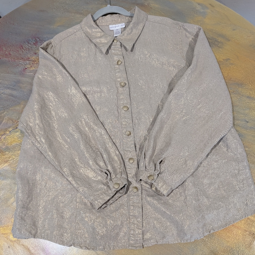 Susan Graver 100% Linen Gold Metallic Button-Up Collared Shirt Size 2X